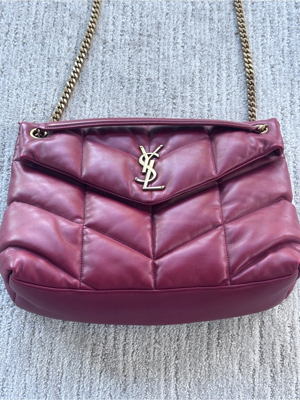 Saint Laurent Quilted Shoulder Bag in Burgundy with Gold Hardware